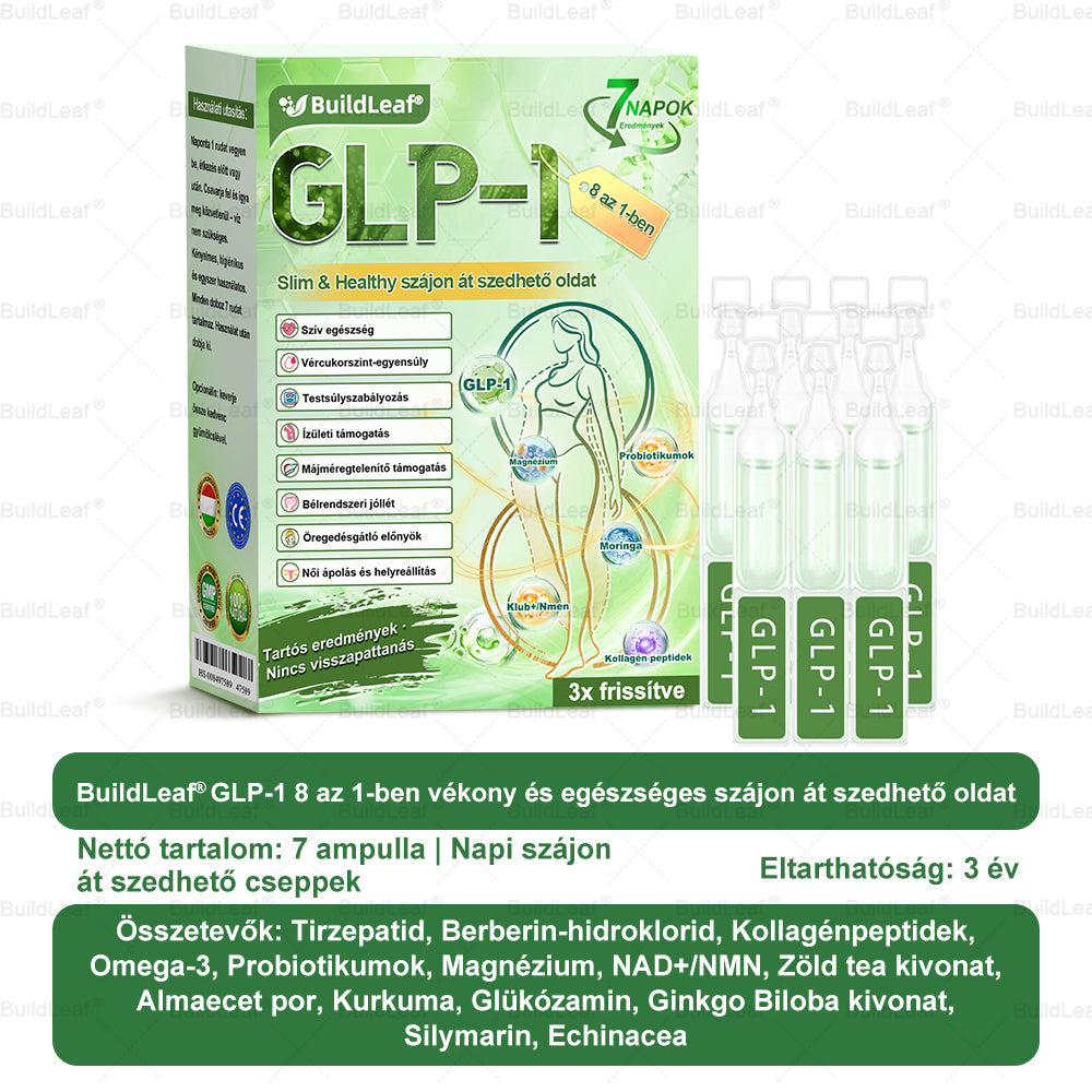 𝖡𝗎𝗂𝗅𝖽𝐿𝑒𝑎𝑓® GLP-1 8 az 1-ben Fit & Vital Szájon át szedhető oldat – Napi egyszer, 7 nap alatt látható változás / Elhízás, szív- és érrendszeri egészség, cukorbetegség, alvási apnoe, bélrendszer egészsége, ízületi problémák és még sok más esetén.