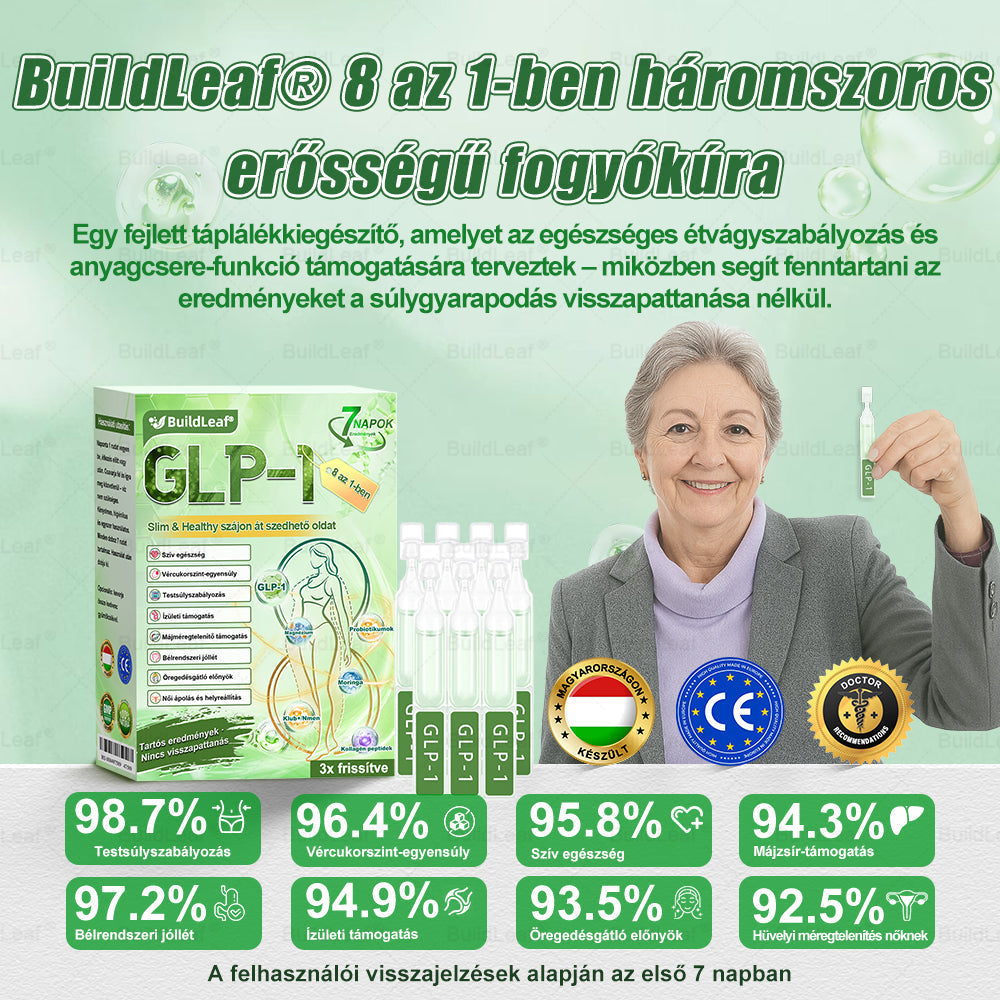 𝖡𝗎𝗂𝗅𝖽𝐿𝑒𝑎𝑓® GLP-1 8 az 1-ben Fit & Vital Szájon át szedhető oldat – Napi egyszer, 7 nap alatt látható változás / Elhízás, szív- és érrendszeri egészség, cukorbetegség, alvási apnoe, bélrendszer egészsége, ízületi problémák és még sok más esetén.